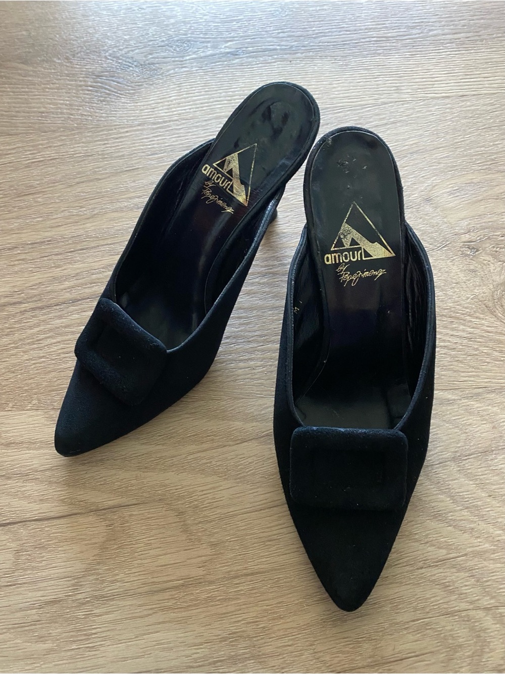 Pepe Jimenez Black suede heel Mule with Decorative Buckle 7M